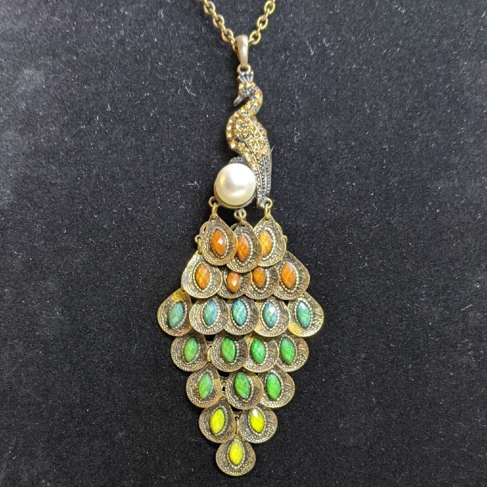 Encrusted Peacock Necklace, Faux Pearl, Articulated Tail, Antiqued Brass-tone